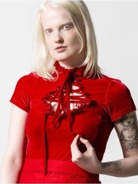 Killstar Malady Red Velvet Lace-up Top, SZ XL EUC ♥️